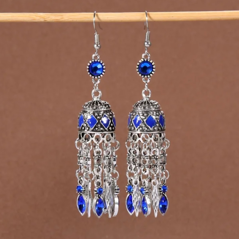 Chandelier Earrings Blue Rhinestones and Silver Jhumkas Diwali Bollywood - Picture 7 of 13